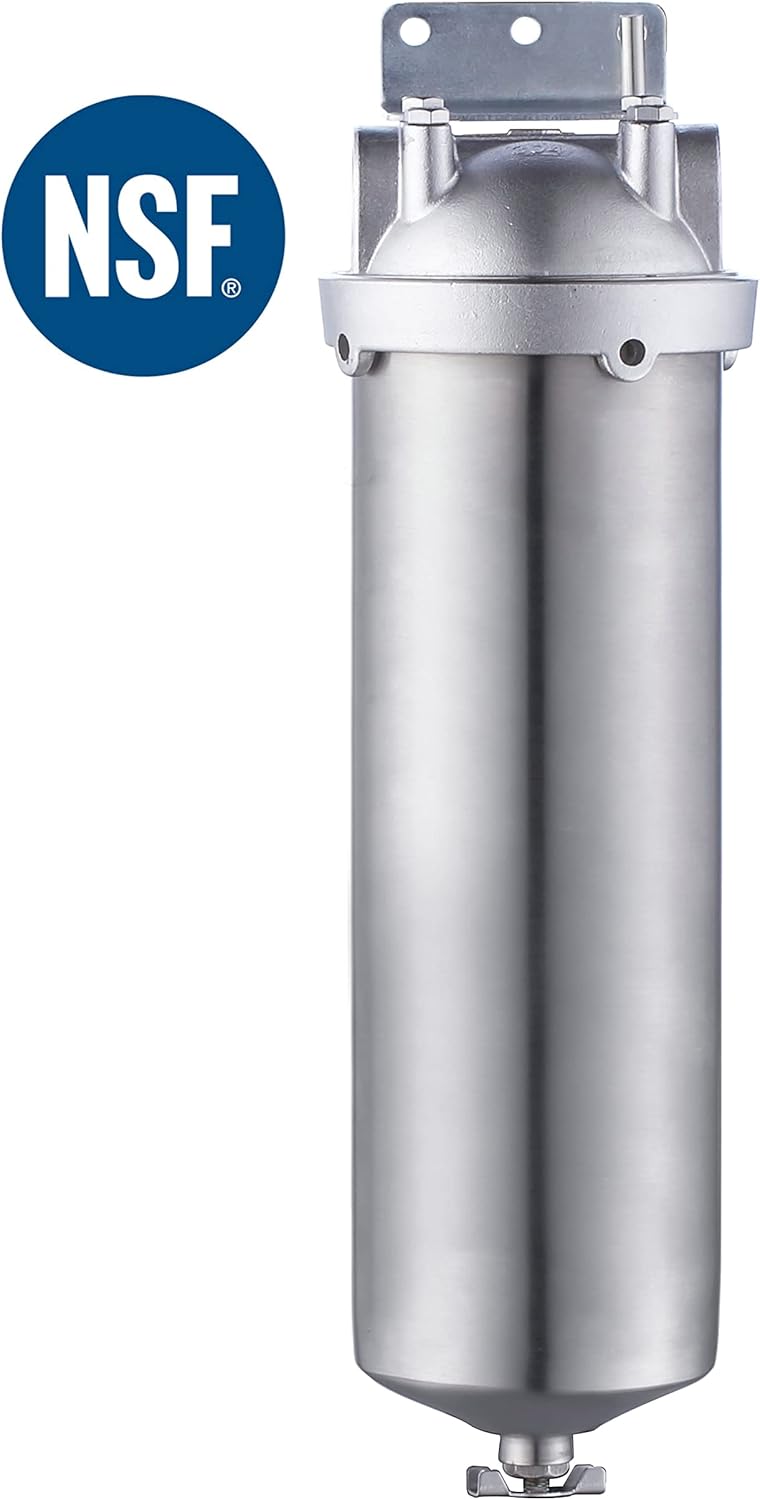 Amwater حاوية فلتر مياه منزلية من الفولاذ المقاوم للصدأ NSF/ANSI 42، 10" × 2.5" نظام فلتر مياه للشوائب للاستخدام الثقيل، مياه الآبار والمدن، منفذ NPT 1"، صمام تصريف نمط A - Image 1